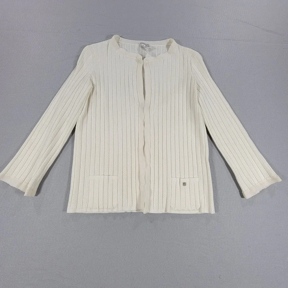 Vintage Chanel Ribbed Cardigan 06P Lagerfeld CC Logo Ivory Silk Trim Women XS 42